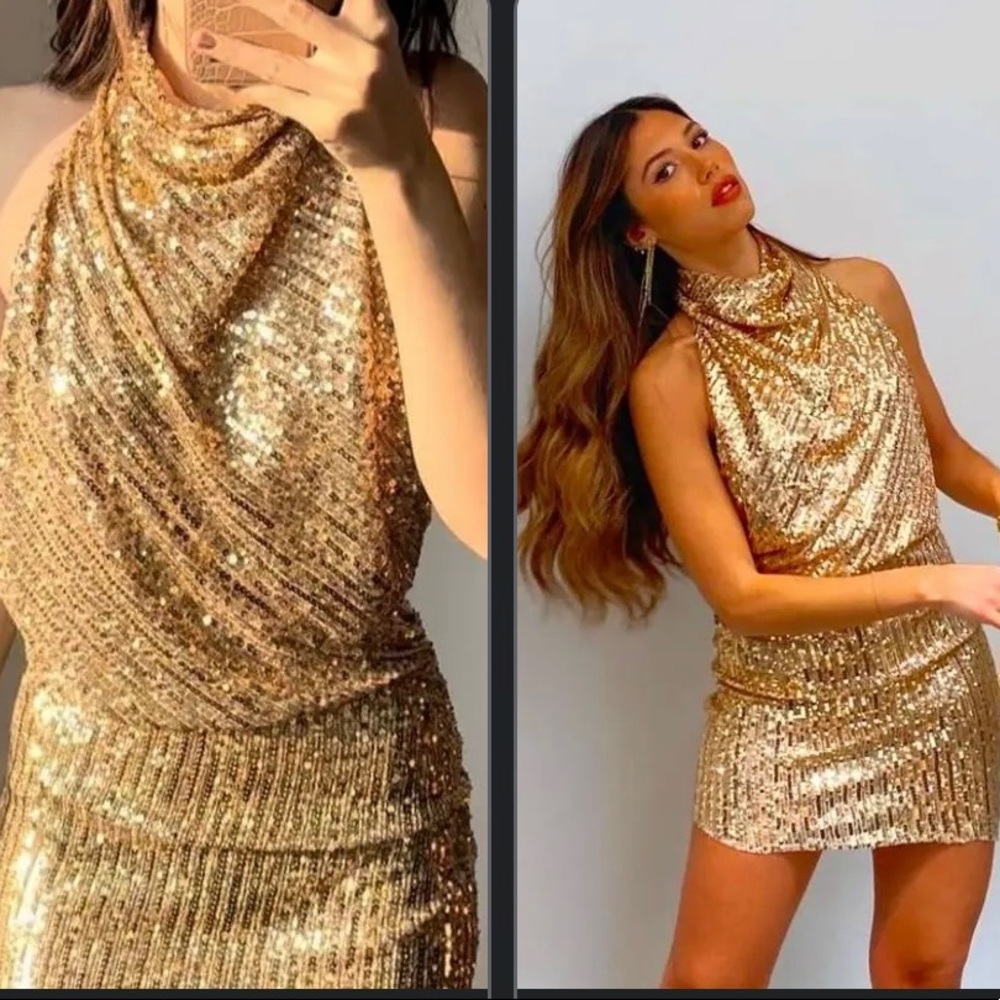 Zara mock neck sequin short dress gold